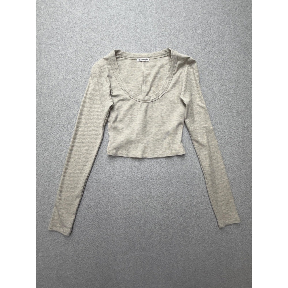 Reformation Womens XS Beige Ribbed Scoop Neck Long Sleeve Crop Top Stretch